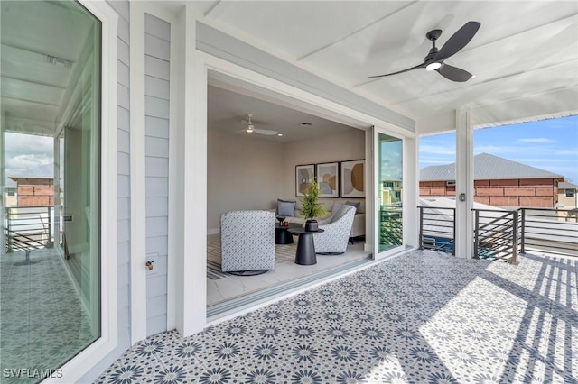 view of patio featuring ceiling fan