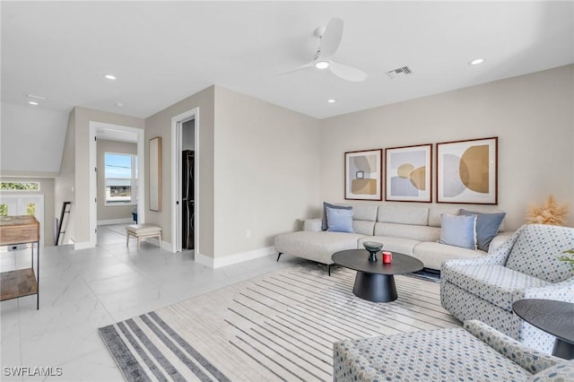 living room with marble finish floor, recessed lighting, visible vents, ceiling fan, and baseboards