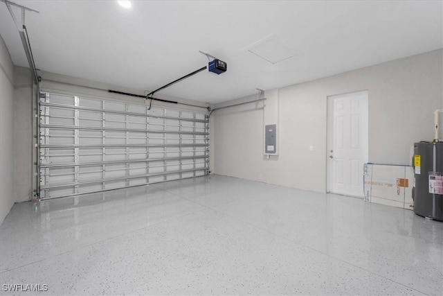 garage with electric water heater, electric panel, and a garage door opener