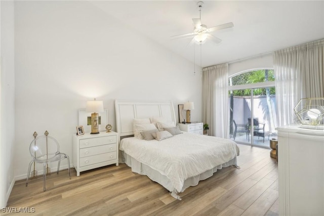 bedroom featuring ceiling fan, access to exterior, and light wood-type flooring