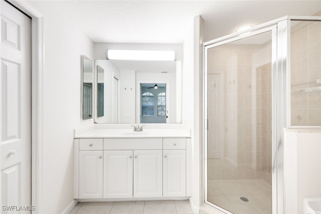 bathroom featuring tile patterned flooring, vanity, an enclosed shower, and ceiling fan