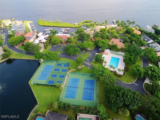 bird's eye view with a water view