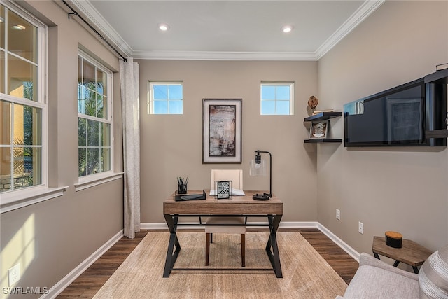 office featuring dark wood-type flooring and ornamental molding