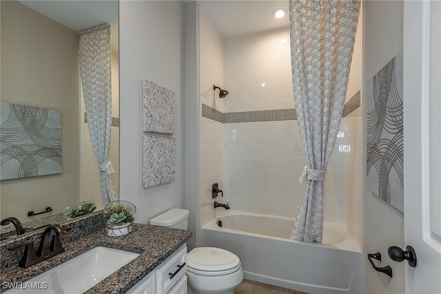 full bathroom featuring vanity, toilet, and shower / tub combo with curtain