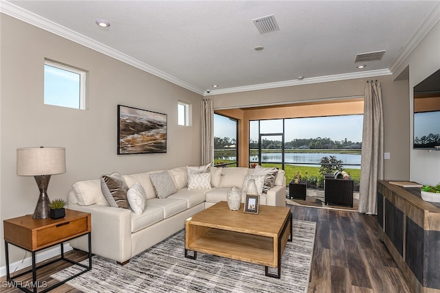 living room with hardwood / wood-style floors, a textured ceiling, and ornamental molding