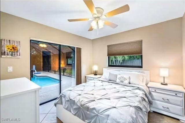 bedroom featuring light tile patterned flooring, ceiling fan, and access to exterior