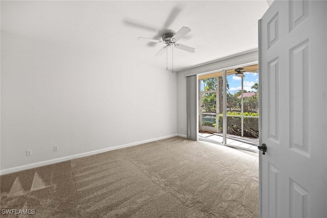 unfurnished room featuring carpet, baseboards, and ceiling fan