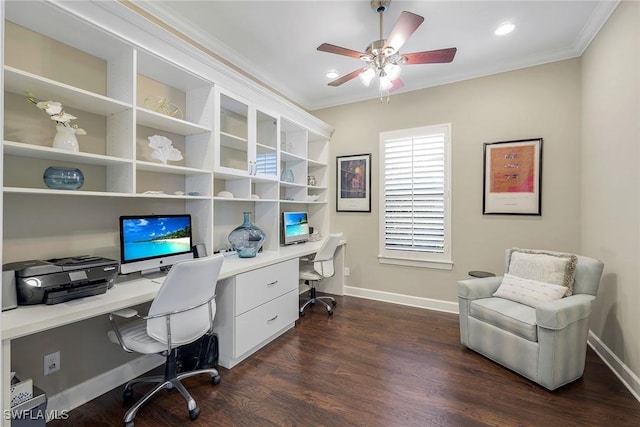 office area featuring dark hardwood / wood-style floors, ceiling fan, and ornamental molding