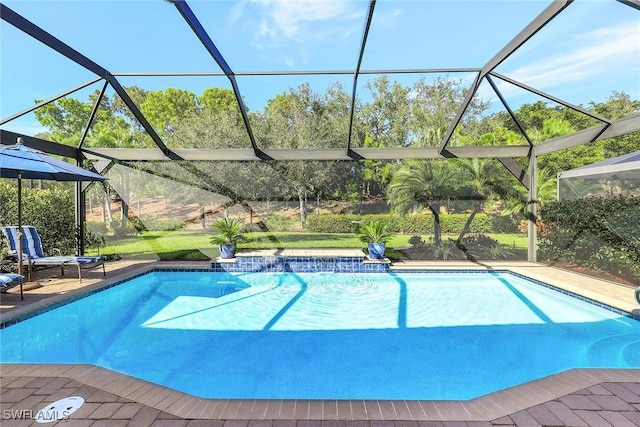 view of swimming pool with glass enclosure