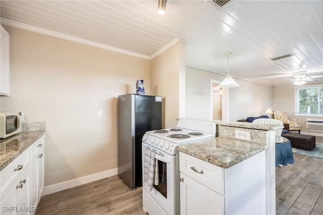 kitchen with light wood-type flooring, white appliances, white cabinetry, and open floor plan