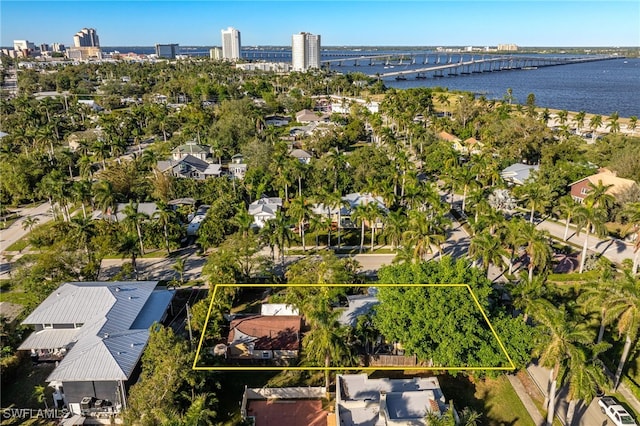 aerial view featuring a water view