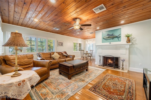 living area featuring a brick fireplace, wood ceiling, visible vents, and light wood finished floors