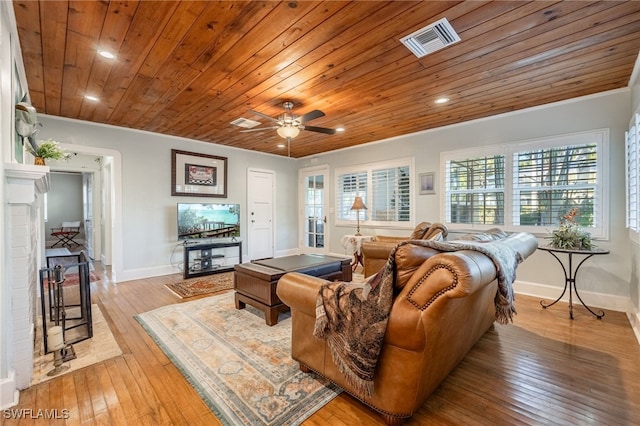 living room featuring wooden ceiling, ceiling fan, and light wood-type flooring