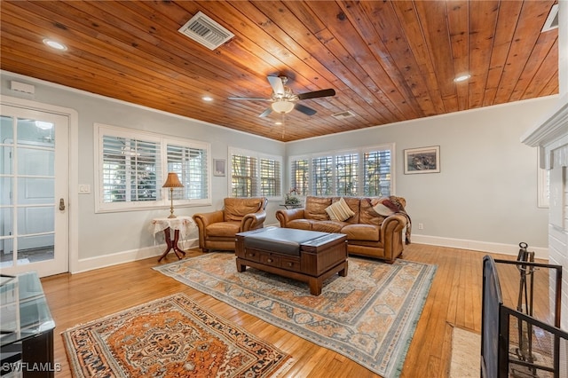 living room with ornamental molding, ceiling fan, wood ceiling, and light wood-type flooring