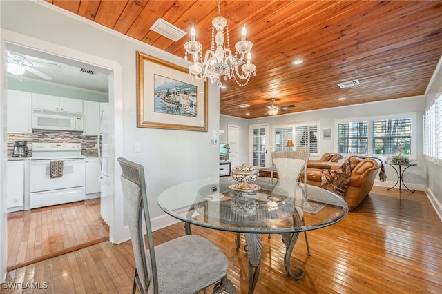 dining space with light wood-style flooring, ceiling fan with notable chandelier, visible vents, wood ceiling, and baseboards