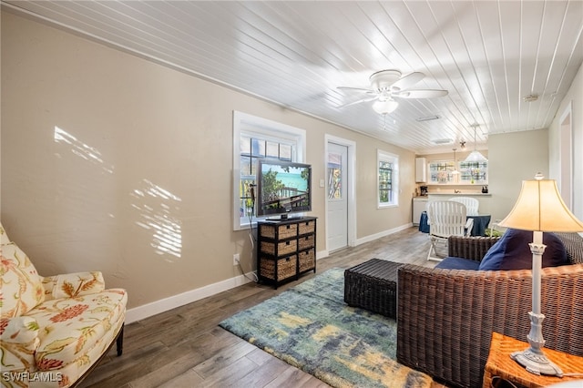 living room with wood-type flooring, wooden ceiling, and ceiling fan