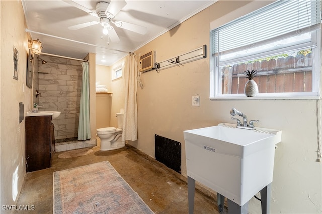 bathroom featuring concrete flooring, toilet, walk in shower, crown molding, and a wall unit AC