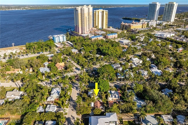 aerial view featuring a water view and a city view