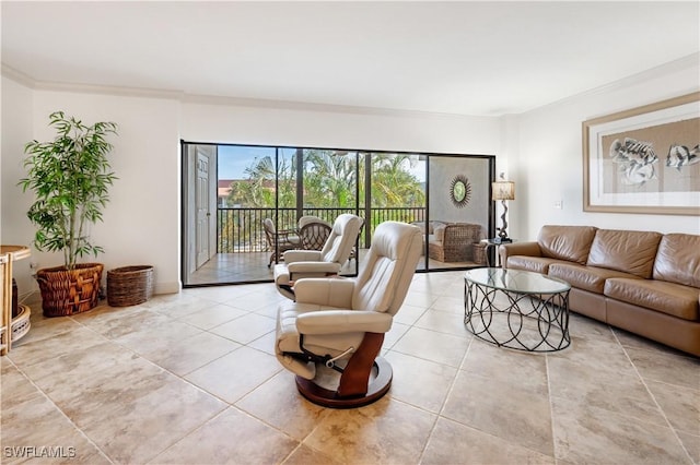 tiled living room with ornamental molding