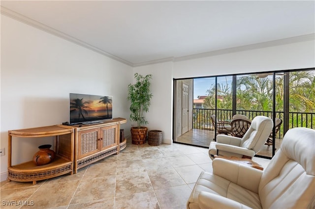 living room featuring crown molding and light tile patterned flooring