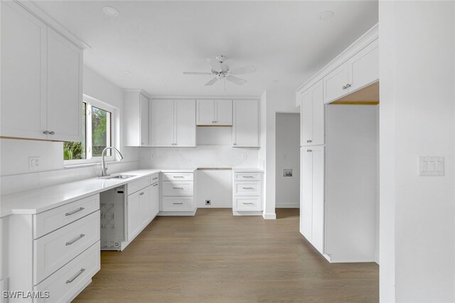 kitchen with ceiling fan, sink, white cabinets, and hardwood / wood-style flooring