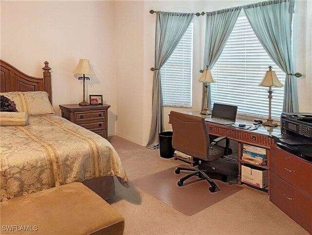 bedroom with light carpet