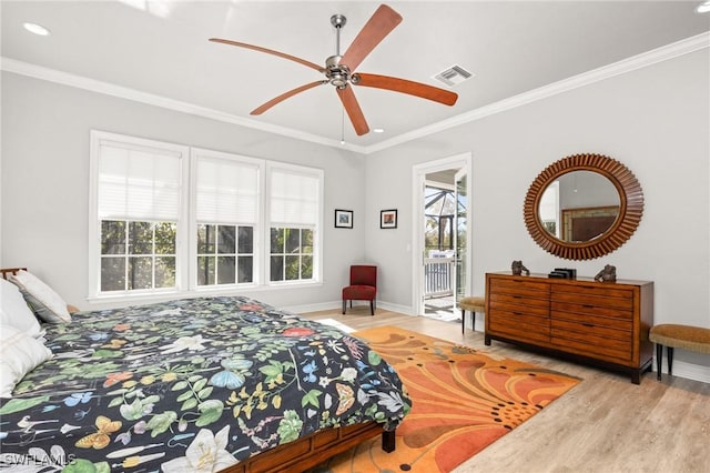 bedroom featuring access to exterior, ceiling fan, crown molding, and light hardwood / wood-style floors