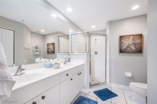 bathroom with tile patterned floors, toilet, an enclosed shower, and vanity