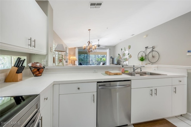 kitchen featuring kitchen peninsula, stainless steel dishwasher, sink, a notable chandelier, and white cabinets