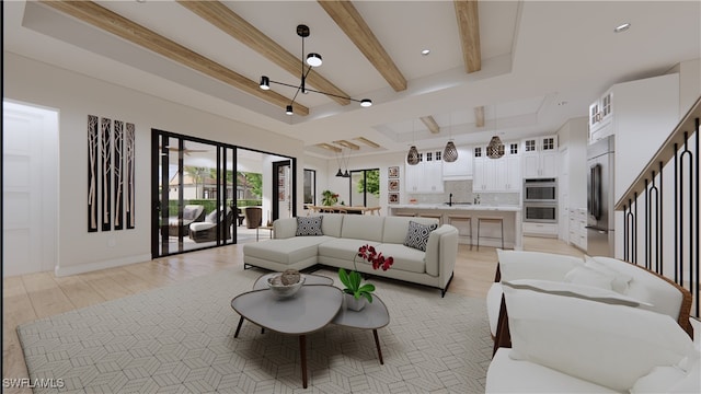 living room with beamed ceiling, a notable chandelier, a raised ceiling, and light wood-type flooring