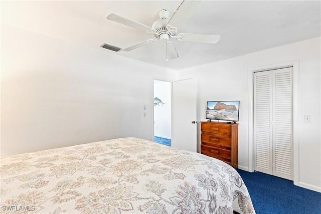 bedroom with ceiling fan, a closet, and dark carpet