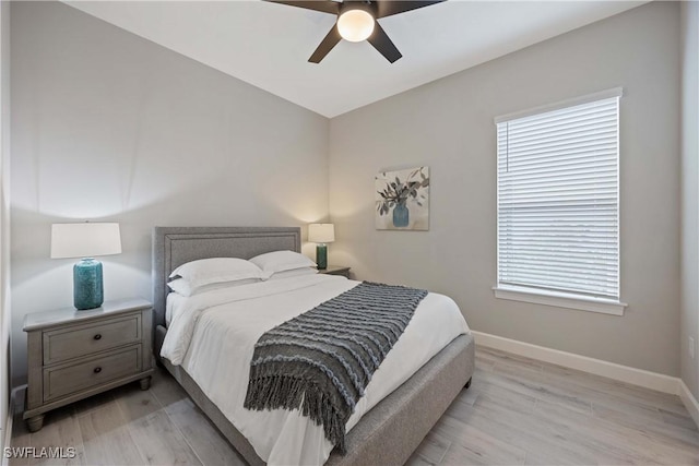 bedroom featuring ceiling fan and light hardwood / wood-style floors