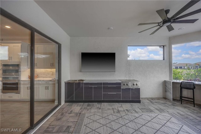 interior space with ceiling fan