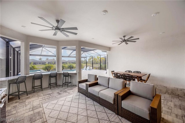 living room with ceiling fan