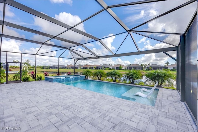 view of swimming pool with a lanai, an in ground hot tub, and a patio