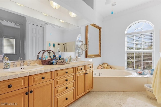 bathroom with vanity and a tub