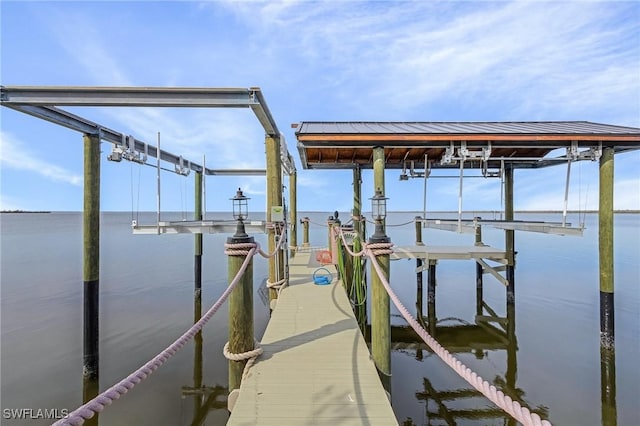 view of dock with a water view