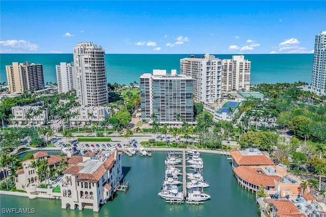 drone / aerial view featuring a water view