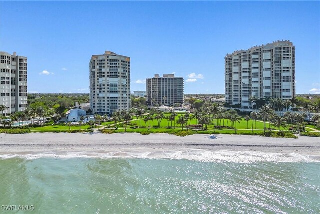 aerial view featuring a water view and a view of the beach