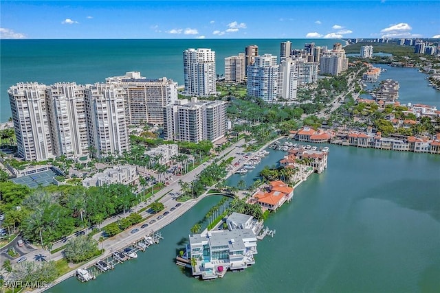 aerial view featuring a water view