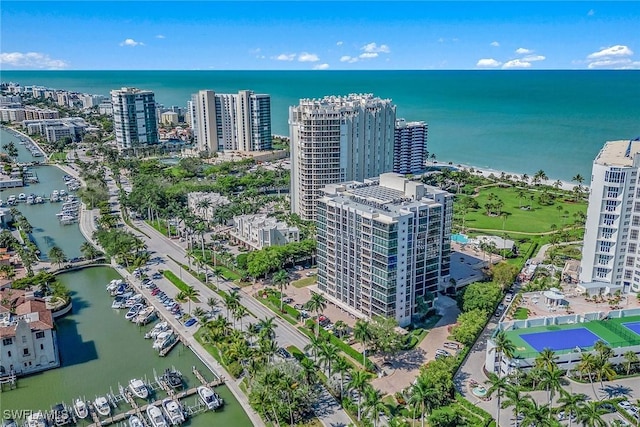 bird's eye view with a water view