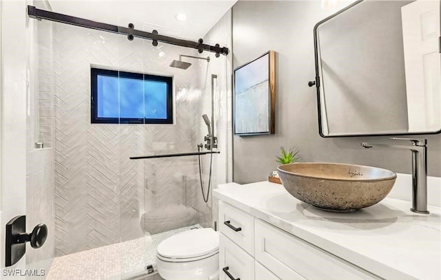 full bathroom featuring toilet, a stall shower, and vanity