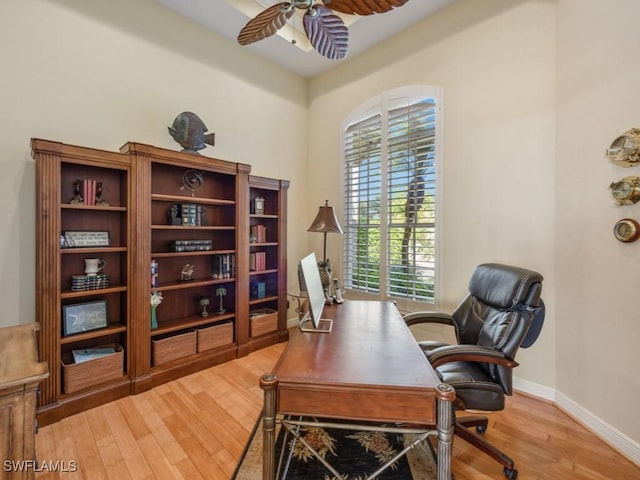 office area with ceiling fan and wood-type flooring