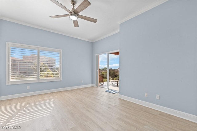 unfurnished room featuring ceiling fan, light hardwood / wood-style floors, and ornamental molding