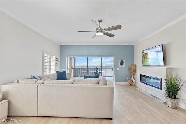 living room featuring ceiling fan, crown molding, and light hardwood / wood-style flooring