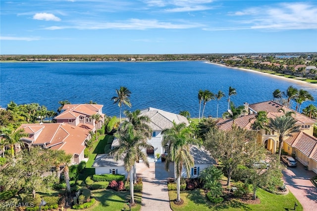 aerial view featuring a water view