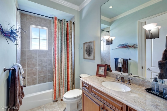 full bathroom with tile patterned flooring, crown molding, shower / bath combination with curtain, toilet, and vanity