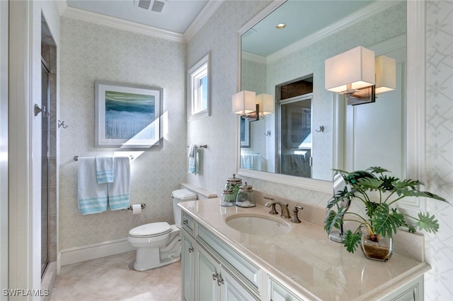 bathroom with tile patterned flooring, vanity, a shower with shower door, and crown molding