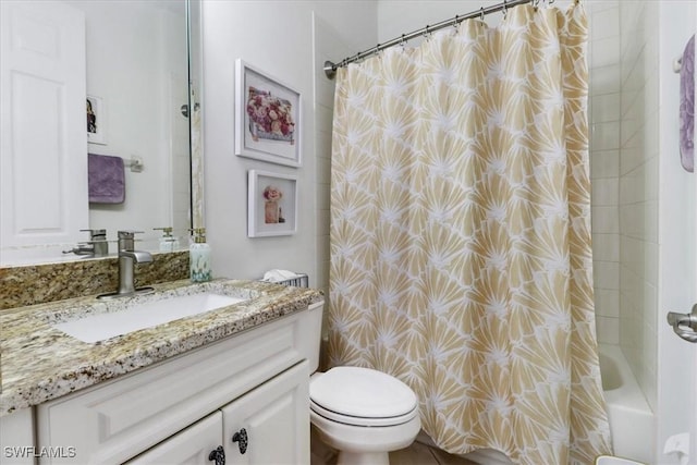 full bathroom featuring vanity, toilet, and shower / bathtub combination with curtain