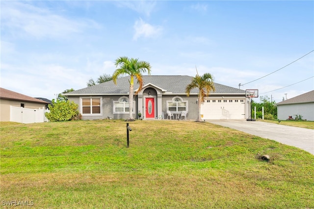 single story home featuring a garage and a front yard